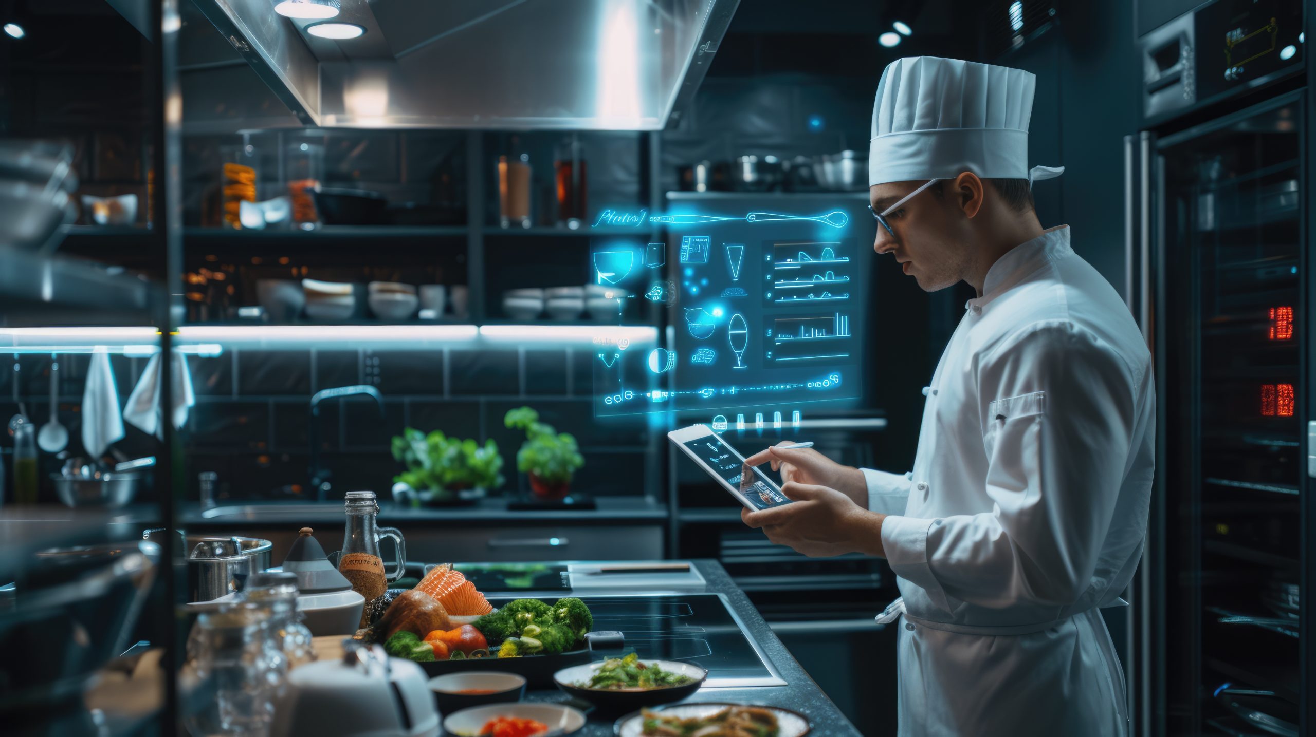 Chef using tablet or innovation technology while cooking form recipe. AIG42.